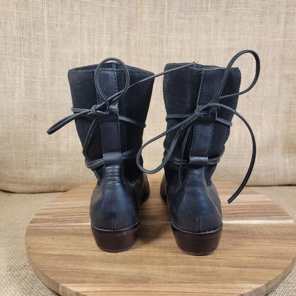 Anthropologie Latigo Ankle Boots Black Leather Suede Lace Up Accent Women Size 8